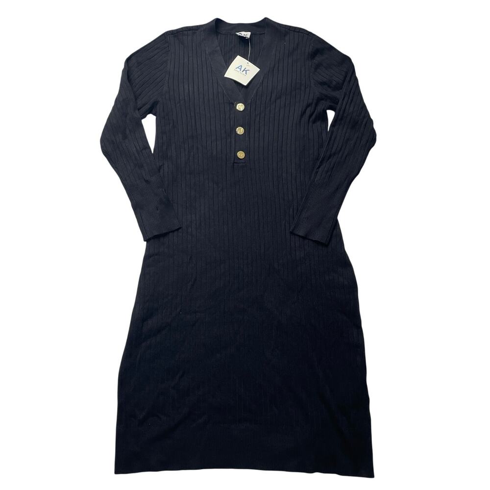NWT Anne Klein Black Ribbed Midi Dress Sz Large Long Sleeves Neutral Casual
